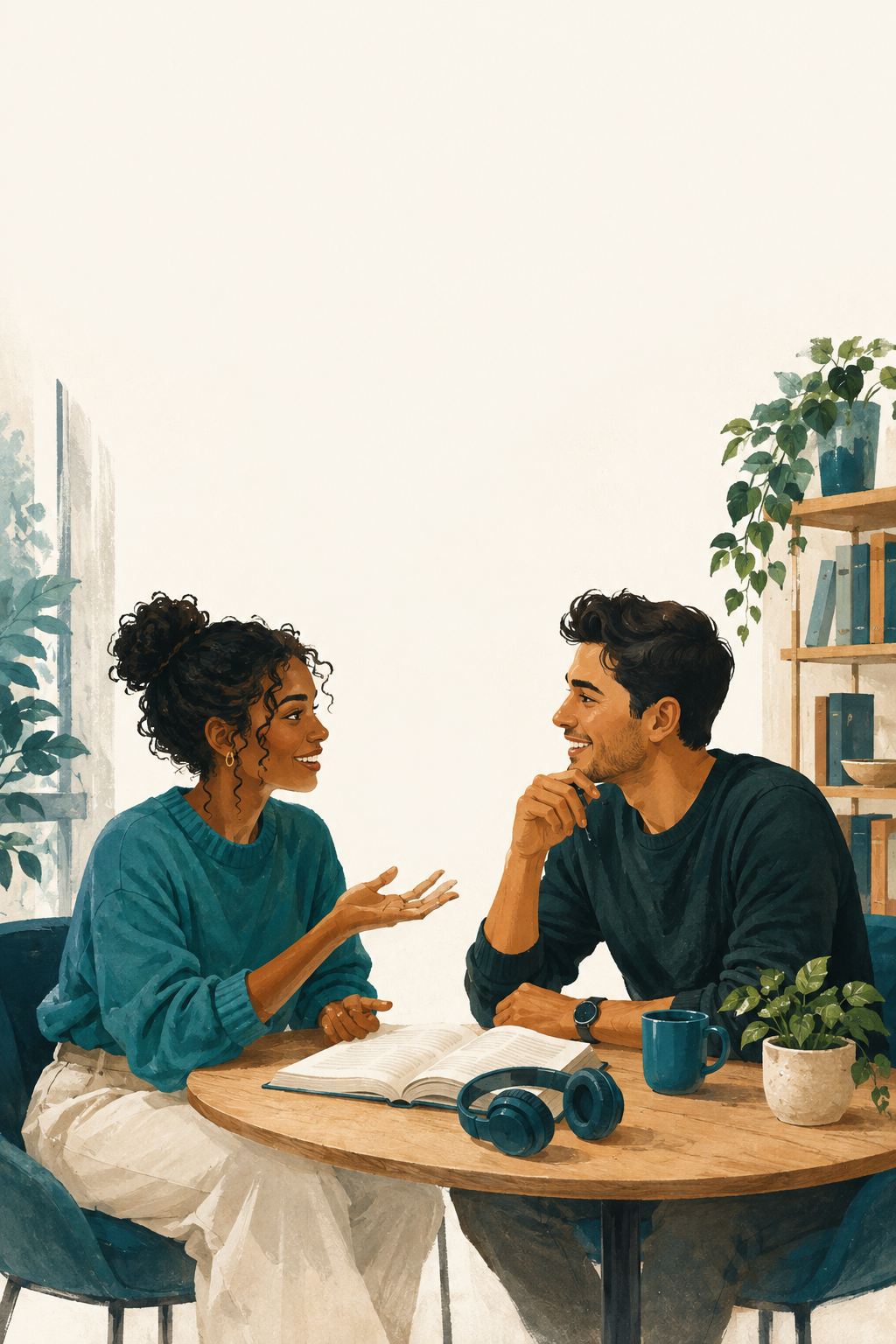 Duas pessoas conversam à mesa em um espaço de estudo, com livro e fones de ouvido.